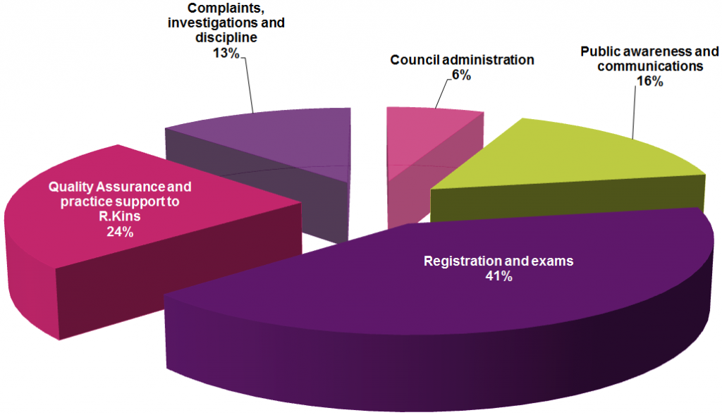 Registration and exams 41%, Quality Assurance and practice support to R.Kins 24%, Public awareness and communications 16%, Complaints, investigations and discipline 13%, and Council administration 6%